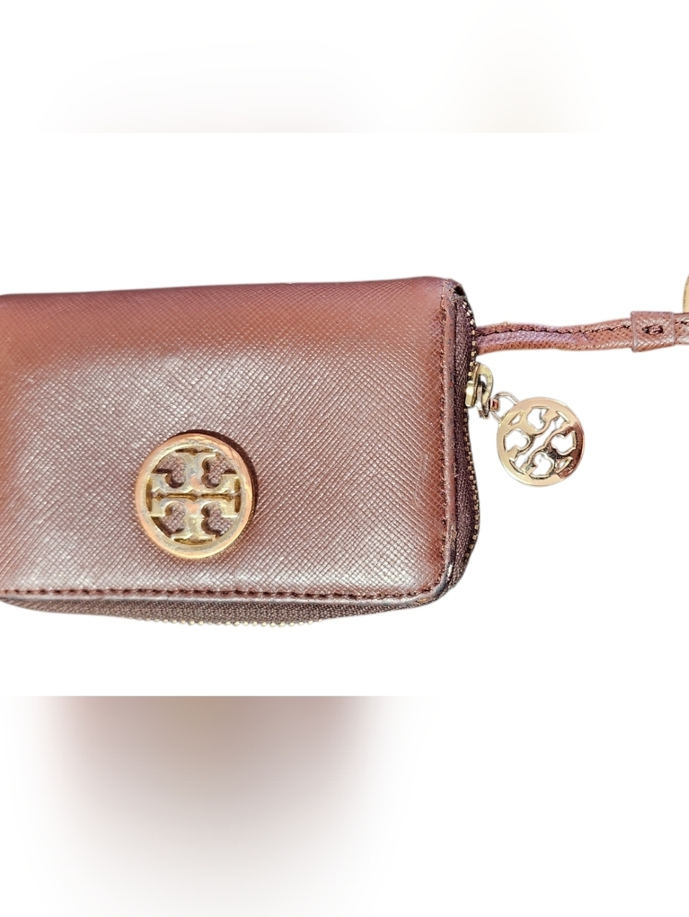 Tory Burch Brown Saffiano Leather Zip Coin Purse Wallet Key Ring Logo Compact